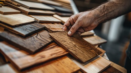 Close-up of hand selecting wooden laminate samples for home flooring renovation. Variety of wood textures on display in a carpentry workshop.