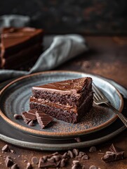 Decadent chocolate cake slice on a plate with chocolate chips and rustic background, delicious dessert perfect for any occasion.