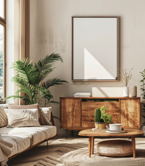 Blank frame picture mock up template in a modern cosy living room