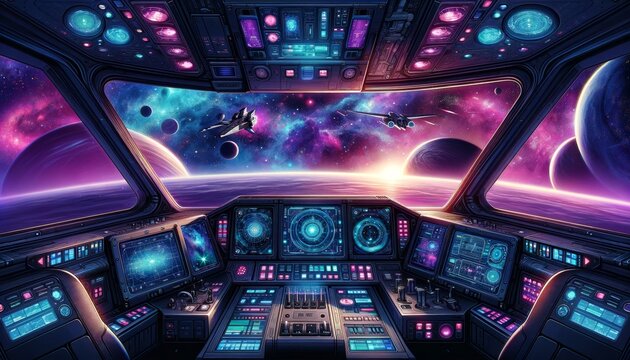Interior of a spaceship cockpit with a view from the pilot’s seat.