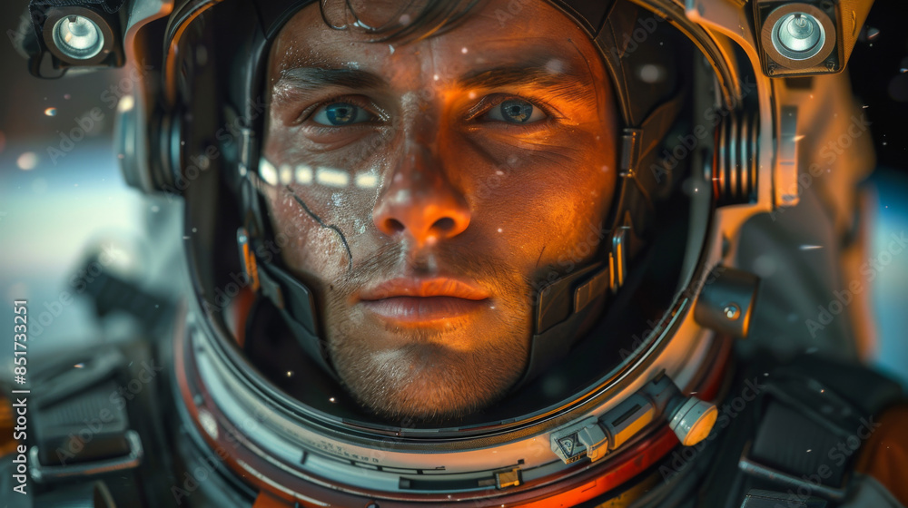 Poster astronaut in outer space against the backdrop of the planet earth.