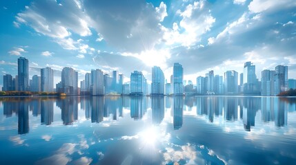 Fototapeta premium Stunning Waterfront Cityscape with Tall Skyscrapers Reflecting in the Calm Water