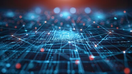 Obraz premium Bright network lines and circular nodes on a dark technology background