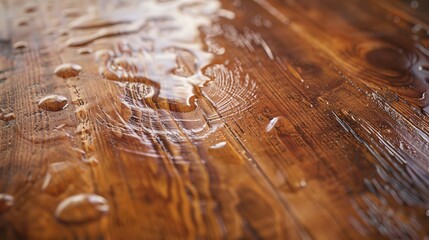 Close-up of water droplets on a wooden surface, showcasing texture and detail. Ideal for background or abstract themed projects.