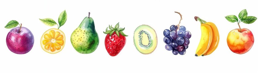 A watercolor painting of a variety of fruits, including a plum, lemon, pear, avocado, strawberry, kiwi, grapes, banana, and apple.
