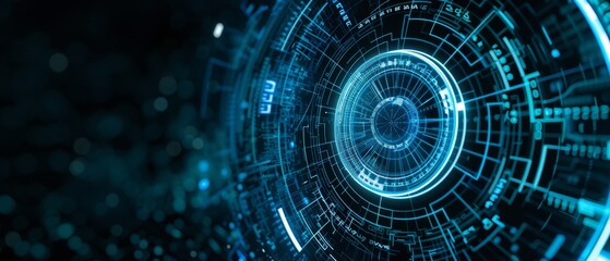 Tech circle design, cybernetic rings with intricate circuitry patterns, symbolizing advanced robotics and AI on a minimalist dark background