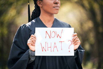 Woman, graduate and uncertain with now what sign for future with worried, fear and doubt for...