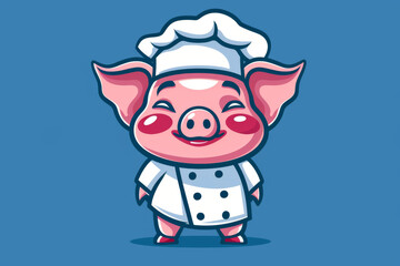 cute pig chef mascot logo illustration on a blue background