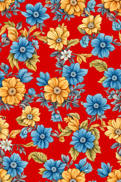 Estampa de flores amarelas e azuis com fundo vermelho. Estampa de S&atilde;o Jo&atilde;o estampado com flores 