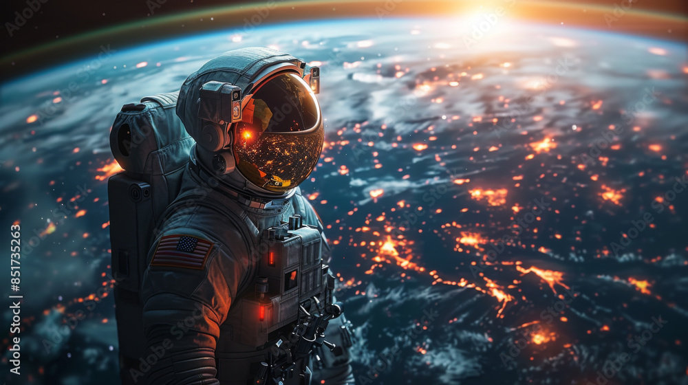 Poster astronaut in outer space against the backdrop of the planet earth.
