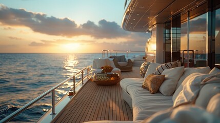 Luxurious yacht deck at sunset with comfortable seating, ocean view, and scenic sky, capturing a serene and opulent travel experience.