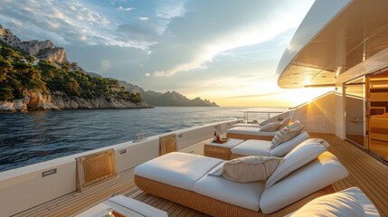 Luxurious yacht deck at sunset with stunning sea and mountain views, showcasing relaxation and...