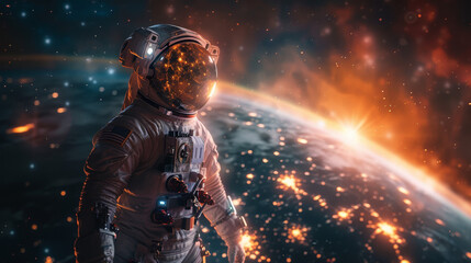 Astronaut in outer space against the backdrop of the planet earth.
