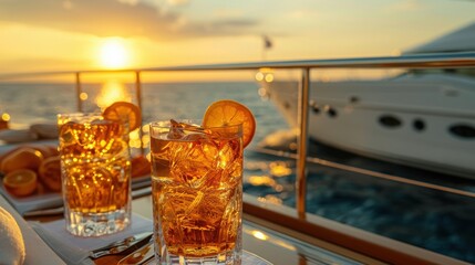 Refreshing cocktails aboard a yacht at sunset, perfect setting for a luxurious vacation. The sea...