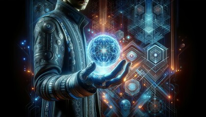 A detailed 16_9 image of a person in a futuristic setting with intricate geometric patterns and neon lights, holding a floating holographic sphere.