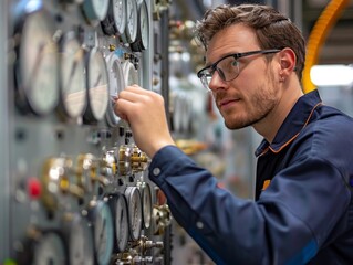 Technician inspecting control panels in an industrial setting,