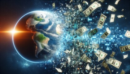 A detailed 16_9 image of the Earth with torn banknotes and fragments of digital code representing financial data flowing into space.
