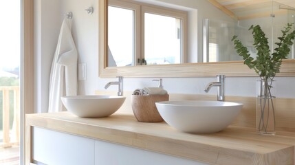 Fototapeta premium bright Scandinavian bathroom with dual vessel sinks, wooden countertops, and a large mirror framed in light wood, creating a spa-like atmosphere