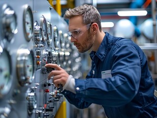 Technician inspecting control panels in an industrial setting,