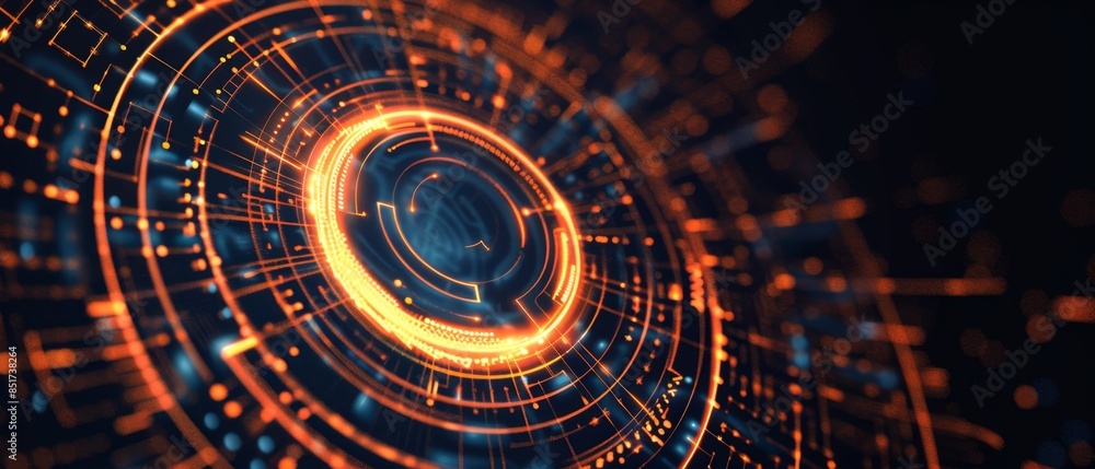Poster tech hud circle design, neon orange concentric circles with digital texture, emphasizing dynamic mov