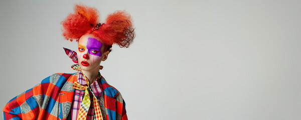 Fototapeta premium A model with vibrant clown makeup and eclectic outfit poses, embracing a whimsical clowncore vibe.