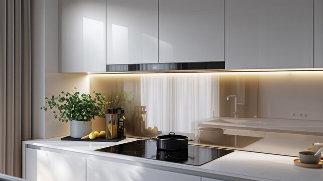 clean and uncluttered kitchen design with handle-less white cabinets, a back-painted glass backsplash, and a discreet induction cooktop