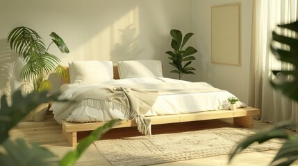 cozy Scandinavian bedroom with a light wood platform bed, white bedding, and a soft rug, complemented by a few well-placed indoor plants