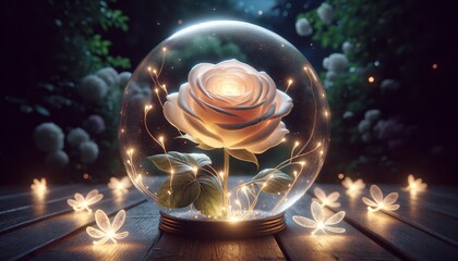 A detailed, close-up image of a single glowing rose inside a clear glass sphere, with delicate petals and a soft, magical light.