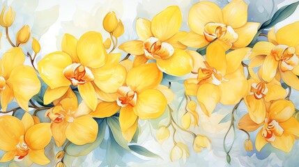 Fototapeta premium Watercolor painting of yellow orchids in bloom.