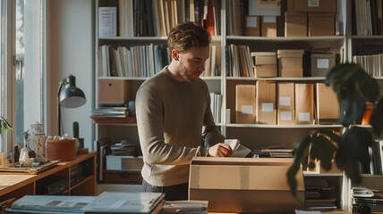 Minimalism in Action: Man organizing, holding boxes, and clearing space