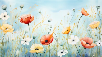Obraz premium Watercolor painting of a field of red, white, and yellow wildflowers.