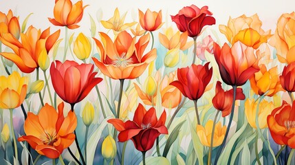 Watercolor painting of a bouquet of colorful tulips and other spring flowers