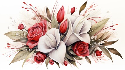 Watercolor painting of a bouquet with red roses and white lilies.