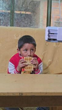 vertical latin boy learning to play the panpipes through online classes with his cell phone - education concept