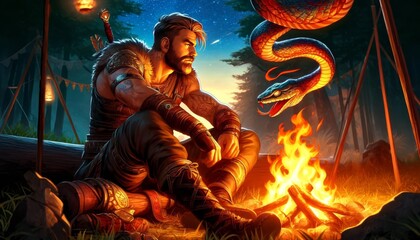 A heroic character in a moment of rest, sitting by a campfire with a fiery serpent coiled around the flames.