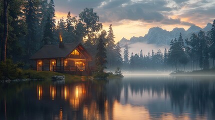 Fototapeta premium A cabin is surrounded by trees and a lake