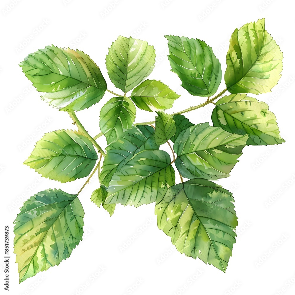 Poster Vibrant Green Watercolor Leaf Cluster on Isolated White Background with Copy Space