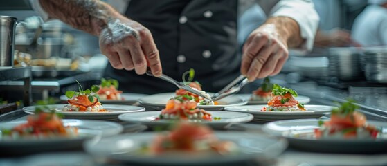 Obraz premium Chef plating gourmet dishes in a professional kitchen, showing skillful preparation and fine dining excellence.
