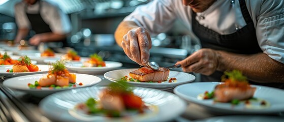 Chef meticulously plating gourmet dishes in a professional kitchen, showcasing fine dining and culinary art.