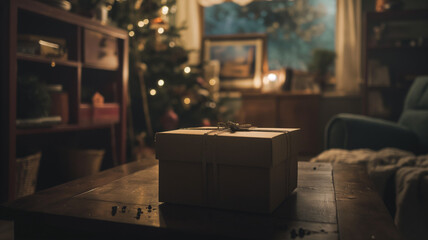 Cardboard Gifts Box in the Table, Christmast Eve