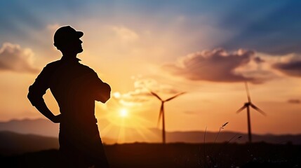 Silhouette, engineer inspecting windmills in a field at sunset, with text copy space on the left, photorealistic masterpiece, professional photography, technical lighting