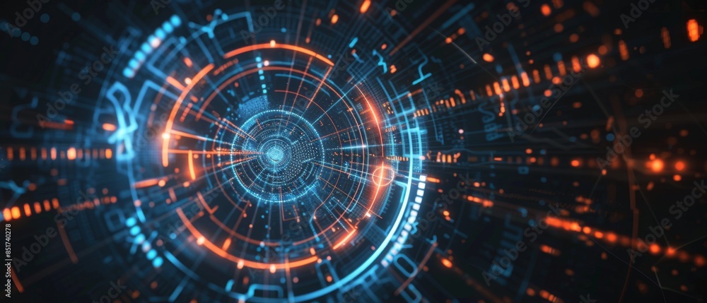 Poster tech hud circle design, abstract sonar waves with glowing edges, creating a sense of depth and detec