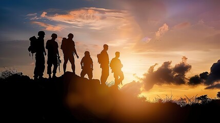 Silhouette, soldiers returning from a mission at dawn, with text copy space on the left, professional color grading, photorealistic masterpiece, weary but determined lighting