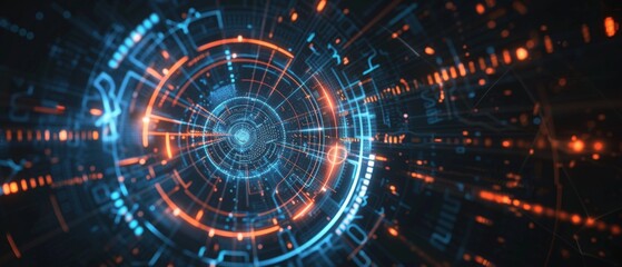 Tech HUD circle design, abstract sonar waves with glowing edges, creating a sense of depth and detection on a minimalist dark background