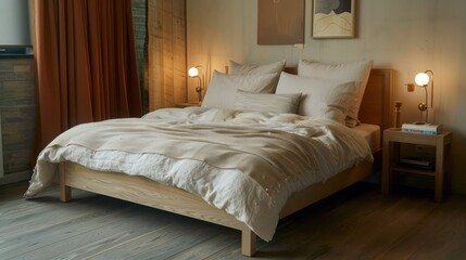 cozy Scandinavian guest bedroom with a light wood bed frame, neutral bedding, and soft lighting from bedside lamps, creating a welcoming space