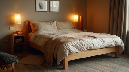 cozy Scandinavian guest bedroom with a light wood bed frame, neutral bedding, and soft lighting from bedside lamps, creating a welcoming space