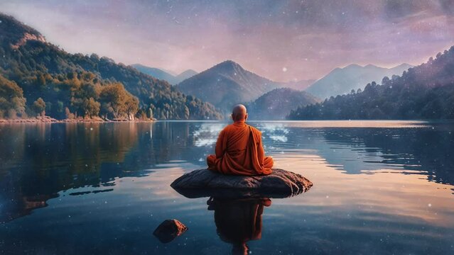 a monk meditating on a rock in a lake with hills in the background, infinitely looping 4K video animation background