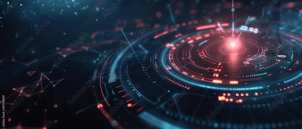 Poster tech hud circle design, futuristic radar screen with glowing markers and data points, set against a 