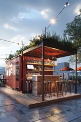 A 3D illustration of a container cafe