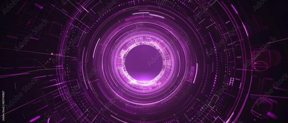 Poster tech hud circle design, layered neon purple rings with intricate digital patterns, creating a visual